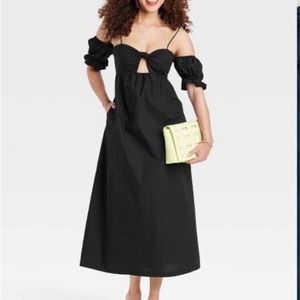 A New Day black midi dress with puffed sleeves and front cutout, NWT, sz L